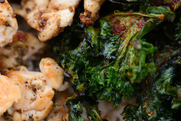 Crispy kale chips with fried chicken, herbs, spices and paprika powder. Diet food - obrazy, fototapety, plakaty