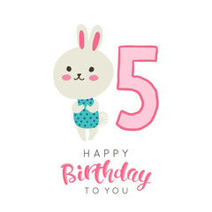 Vector illustration of greeting card with happy birthday to you words and cute bunny dedicated to fifth birthday.