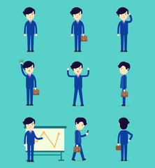 Business smart man cartoon character design with blue suite and brown bag,smartphone and graph board in many poses,stand,called,present,happy,side,succession illustration with blue background