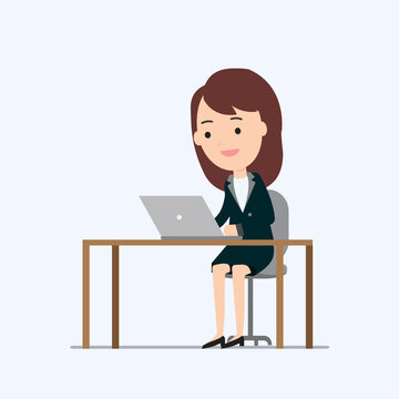 Business woman working on laptop and table with isolated white background vector and illustration.Business work concept.