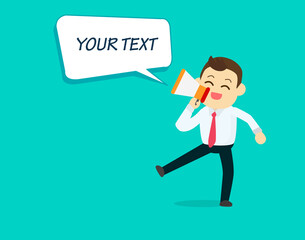 Businessman with megaphone and speech text box.Business concept.happy character talking loudspeaker with text box vector illustration.