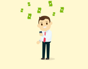 Businessman use smart phone getting income benefit and make a lot of money vector illustrator.