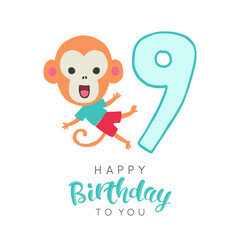 Vector illustration of greeting card with happy birthday to you words and cute monkey dedicated to ninth birthday.