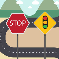 Stop and traffic signs with street country road and sky,mountains background.illustration signs with text.