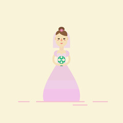 Bride wearing wedding pink dress and holding a bouquet of white flowers with soft background