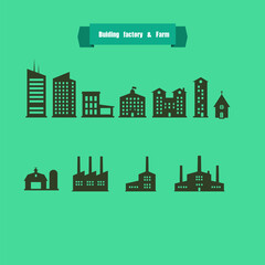 Obraz premium Silhouette Buildings,factory and farm with text ribbon on green background