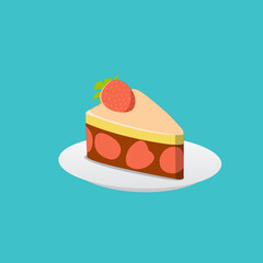 Strawberry cake with chocolate cream and strawberry topping on plate illustration.Cake isolate white background