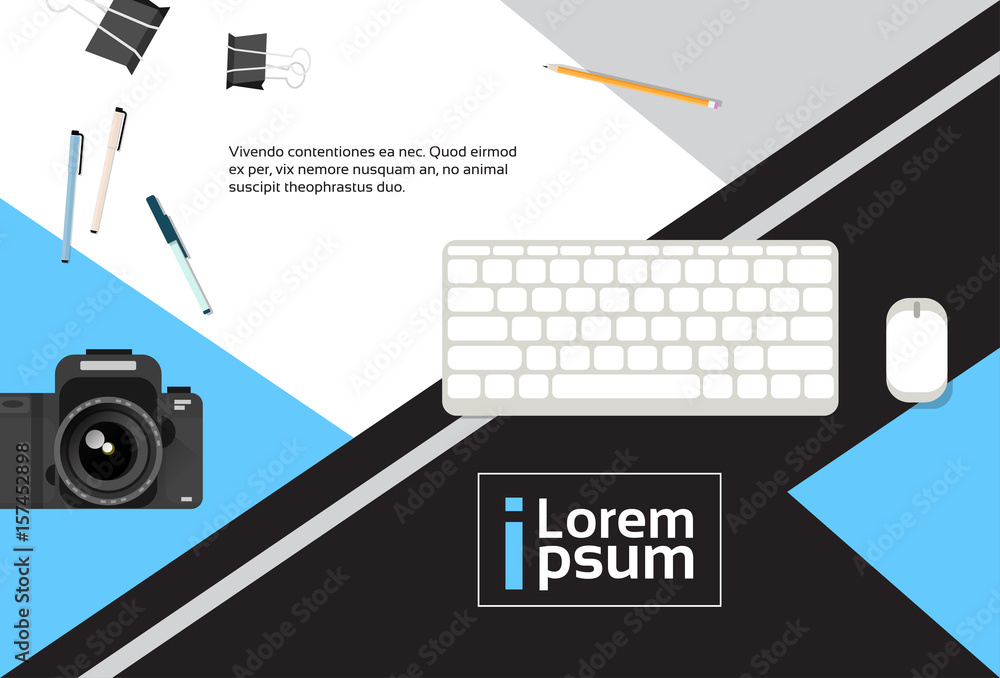 Poster photographer workplace top angle view camera computer keyboard banner with copy space flat vector il