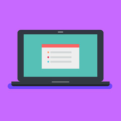 Flat laptop with red tab site on blue screen and purple background