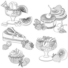 Vector line art illustration with food. Set with various fruit desserts. Illustration for menu, cookbook or coloring book. Sketch isolated on white background