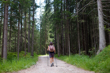 Woman hiking into the forest