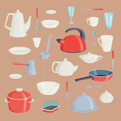 Set of kitchen utensils food kitchenware cooking battery domestic tableware vector illustration