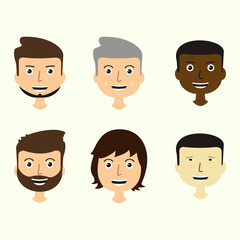 Set of men's faces expressing positive emotions. Human faces with smiles. web avatar icons. Vector flat design illustrations.