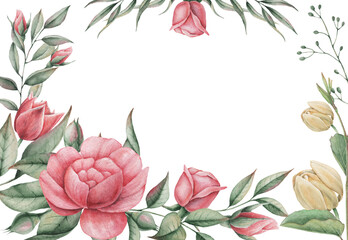 Hand painted watercolor charming combination of Flowers and Leaves, isolated on white background