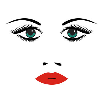 Portrait of beautiful young woman with green eyes, red lips and nose.