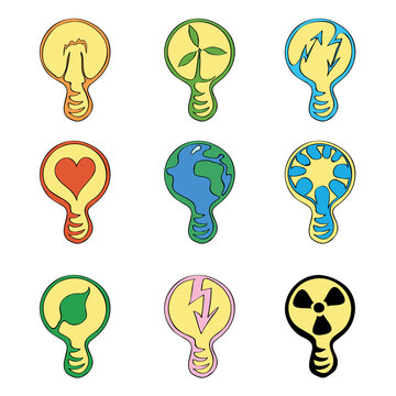 energetic ideas/ Vector icon set with different conceptual bulbs