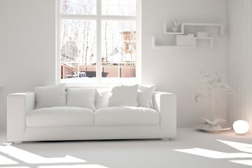 White room with sofa. Scandinavian interior design. 3D illustration