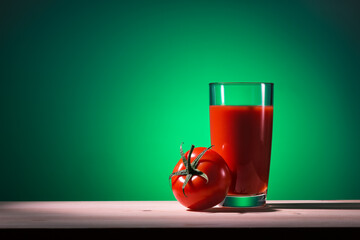 Glass of tomato juice and tomato on wooden table