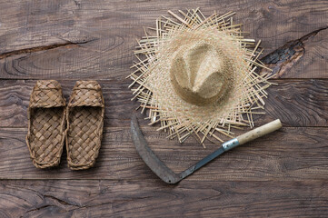 Peasant.Bast shoes.Old country table