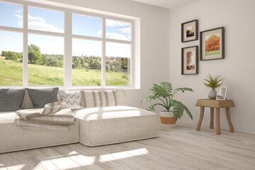 White room with sofa and green landscape in window. Scandinavian interior design. 3D illustration
