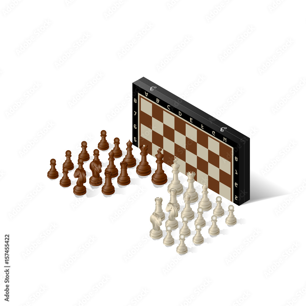 Poster chess board with figures of isometric on an abstract background