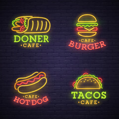 Fast food neon sign. Neon sign, bright signboard, light banner
