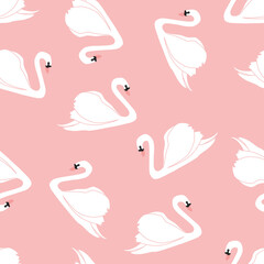 Cotton fabric Seamless pattern with white swans. White swans on pink background. Vector illustration.