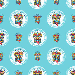 Tiki seamless pattern Polynesian masks tics on a blue background. Vector seamless pattern