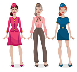 Young smiling stewardess in different style uniform. Women's profession. Cartoon vector illustration isolated on white background.