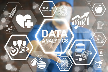 Data Analytics Medicine Concept. Health Care Information Innovative Technologies Analysis. Doctor pressing data analytics button on virtual touch screen.