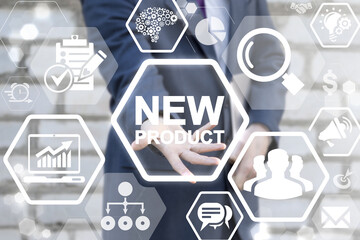 New Product Business Development Concept. Man offers nEW PRODUCT words icon on virtual screen.