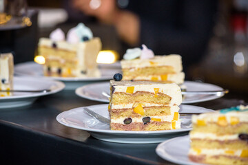 Piece of birthday cake served on a little plate