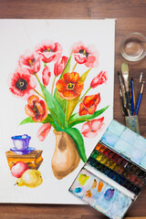Watercolor set flat lay. Painter workplace. Creative artist, preparing to draw flowers bouquet . Drawing lessons, art school, young artist concept
