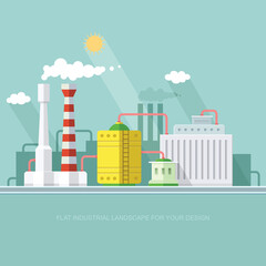 Obraz premium industry manufactory building. Factories producing oil and gas, metals and rubber, energy and power. Destroys nature. Icon of eco friendly factories. Flat Vector background illustration