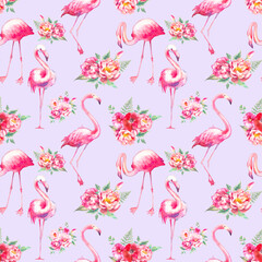 Watercolor flamingo and flowers seamless pattern. Hand painted floral texture with bright exotic birds on white background. Fashion wallpaper design