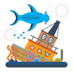 fish at sea with abandoned ship and coral decoration cartoon vector illustration