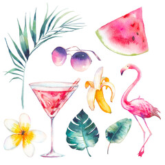 Watercolor summer set. Hand drawn vacation icons: flamingo, cocktail, watermelon slice, sunglasses, frangipani tropical flower, banana, palm leaves and monstera leaf. 