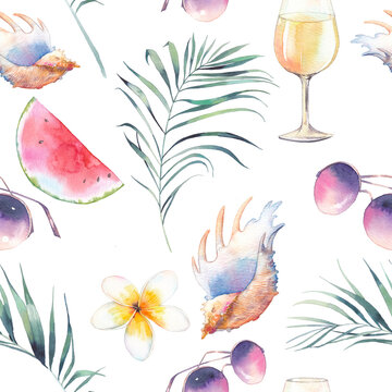 Watercolor summer seamless pattern. Hand drawn vacation texture: watermelon, fashion sunglasses, wine glass, sea shell, palm leaves and tropical flower. Repeating wallpaper design