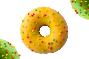 Yellow and green Donuts with polka dots isolated on a white background. National Doughnut Day. Dessert food. Fried dough confectionery. Snacks.