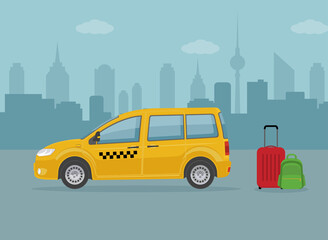 Taxi car and luggage on city background. Flat style, vector illustration. 
