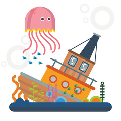 jelly fish at sea with abandoned ship and coral decoration cartoon vector illustration