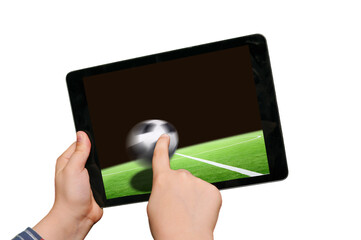 Swiping by finger on tablet screen, soccer