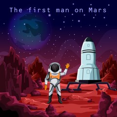 First man in spacesuit exploring red planet mars © Elegant Solution