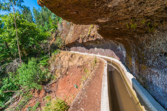 Levada Wanderweg in Madeira -  Levada dos Tornos entlang einer gefr&auml;ste Felswand