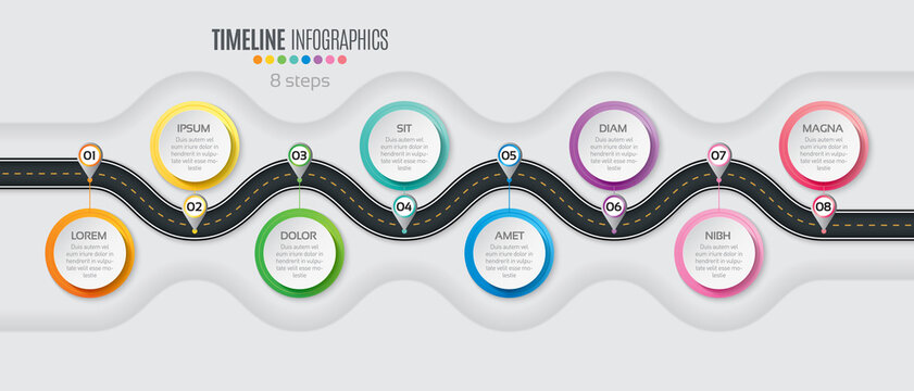 Navigation Map Infographic 8 Steps Timeline Concept. Winding Roa