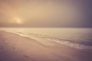 Foggy morning at the Baltic sea coast. Jastrzebia Gora, Poland