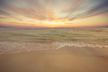 Foggy morning at the Baltic sea coast. Jastrzebia Gora, Poland