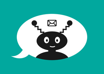 Chatbot symbol. Silhouette of a robot with a smiling face, icon of an envelope, speech bubble background.
