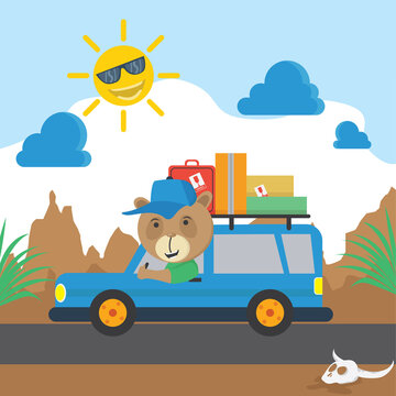 a bear enjoy the holiday or traveling with car cartoon vector illustration