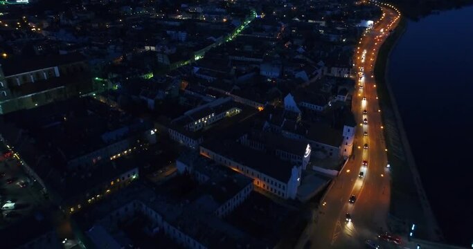aerial view of old town of city at night